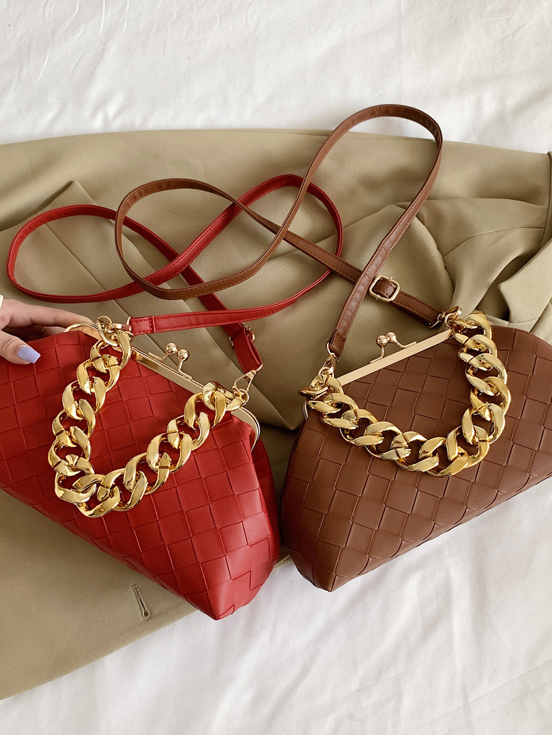One piece woven Pu bag women's fashion cross-body bag chain decorated women's bag_voghion.com