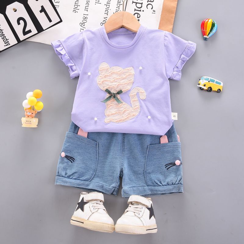 Süßes Jeansshorts-Set für Mädchen, süße Sommerkleidung, kurzärmliges Spitzen-T-Shirt, zweiteiliges Set für Kinder_voghion.com