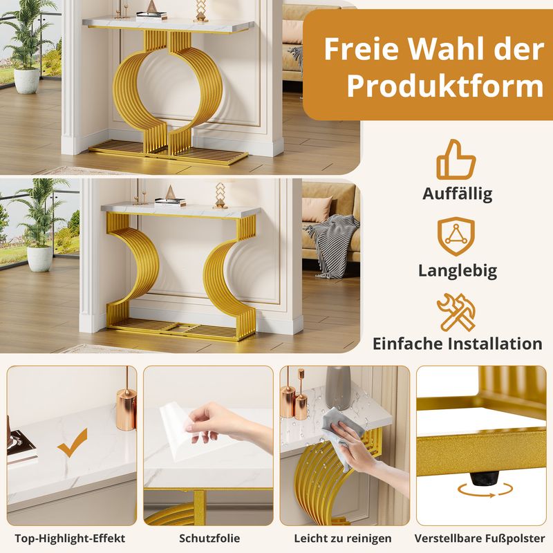 Table basse moderne minimaliste blanche brillante 100 x 35 x 80 cm, table d'appoint de salon avec pieds dorés, console, configuration double._voghion.com