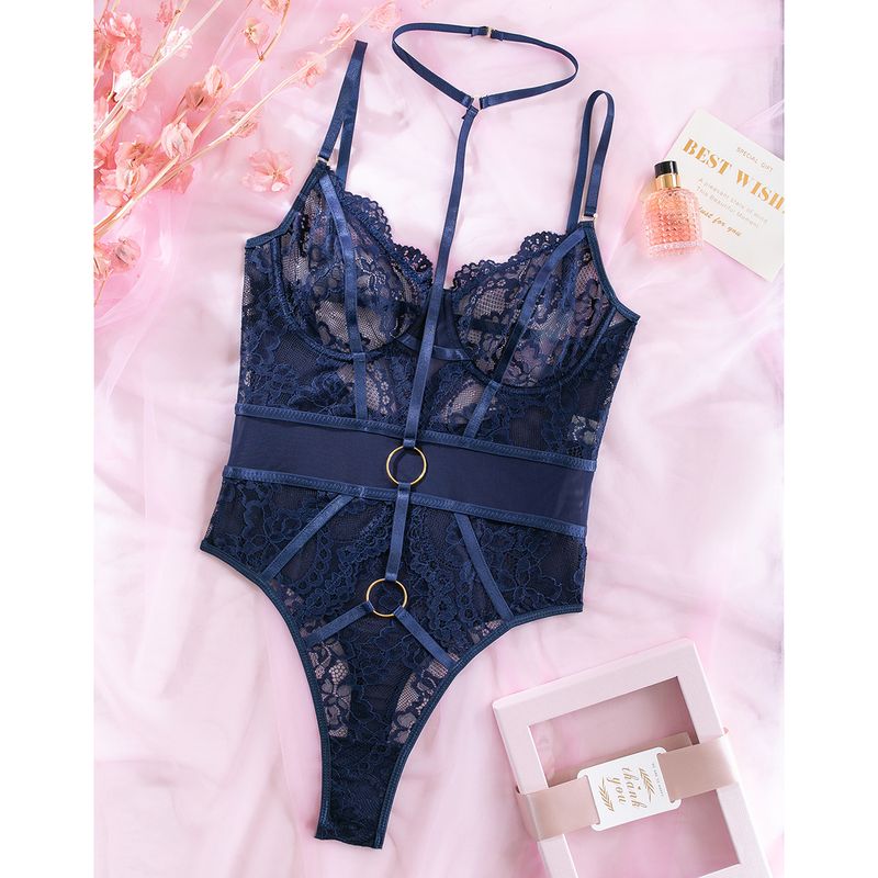 Damenbekleidung Außenhandel 2023 Neue sexy Dessous Sexy durchsichtiger, geraffter, schmaler Neckholder, rückenfreier Einteiler M2908_voghion.com