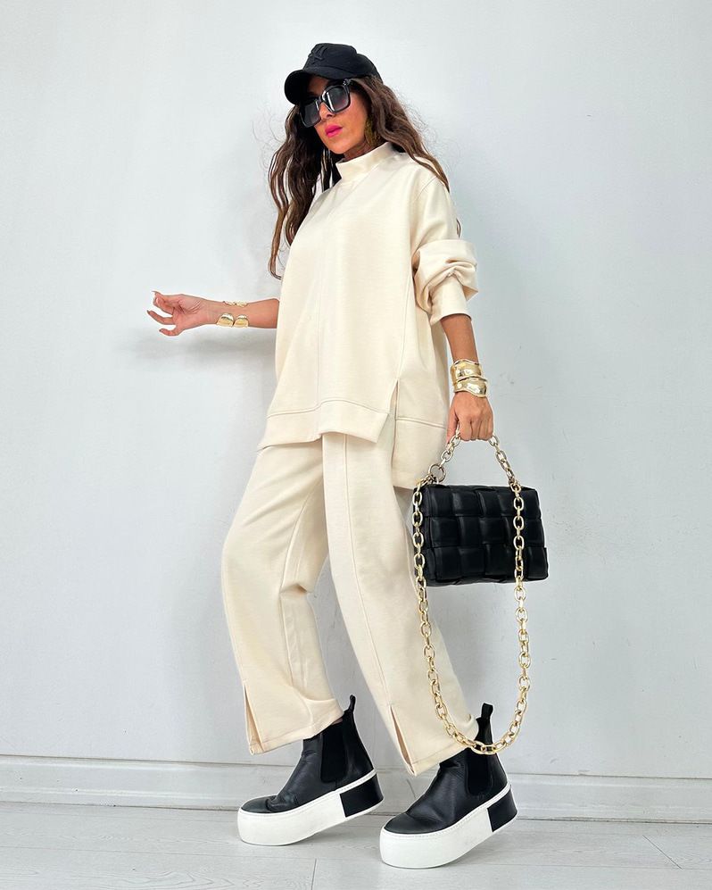 Dameskleding Herfst Winter Casual Loungeset Lange Mouwen Hoge Split Broek Tweedelige Outfit - Effen Kleur Comfortabel Joggingpak Voor Werk & Vrije Tijd_voghion.com