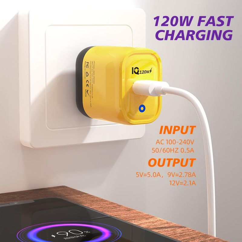 120W Charger Europe, America, Britain, Full Protocol Fast Charging Single USB Port Mobile Phone Charger Amber._voghion.com