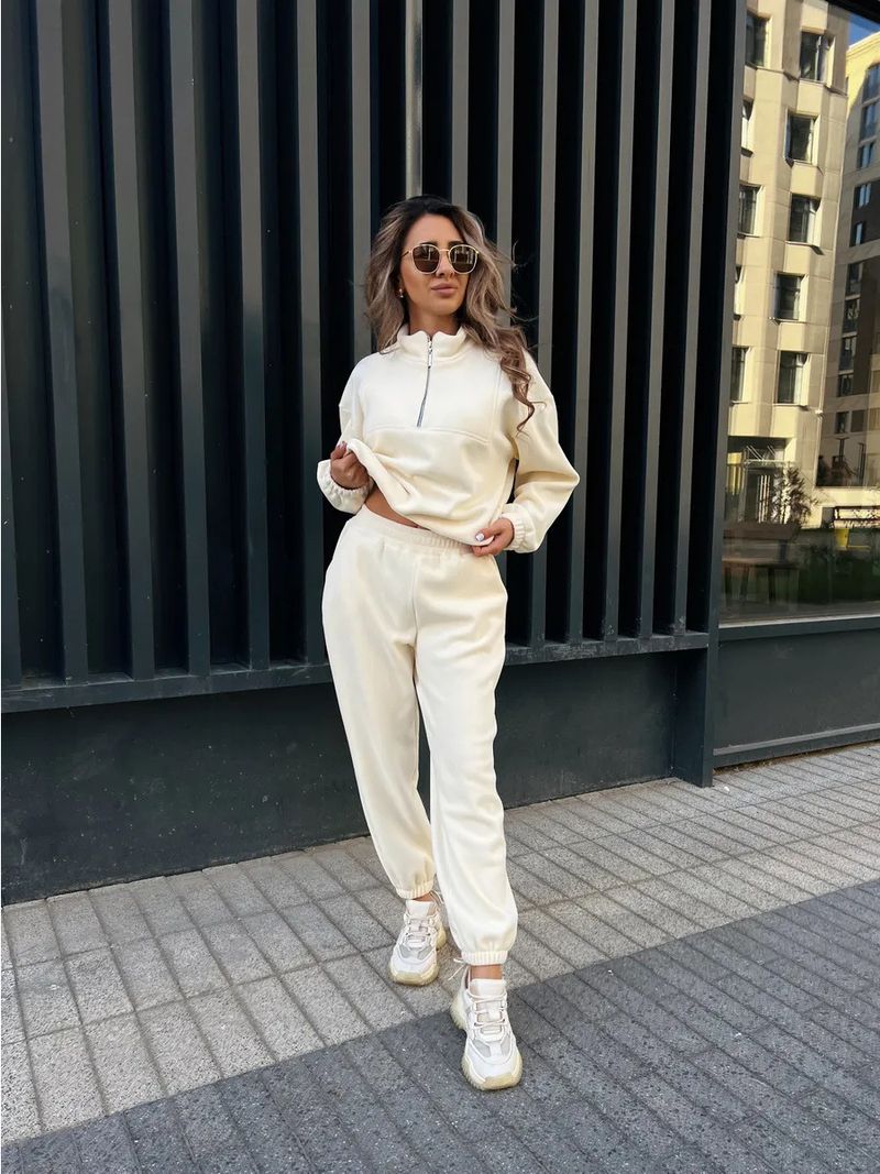 Lässiges Set aus Fleece-Kapuzenpullover und Jogginghose für Damen – locker sitzendes Sweatshirt mit Stehkragen und Hose mit elastischem Bund (Beige, Dunkelgrau, Khaki)_voghion.com