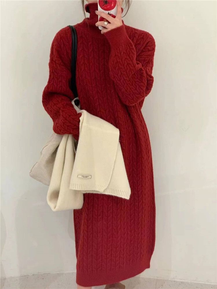 Maglione lungo sopra il ginocchio alla moda, stile coreano, con collo alto e trecce, per donna_voghion.com