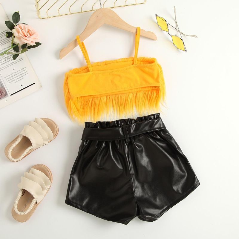 Mother & Kids Children's Clothing Popular Spring And Summer Fur Suspenders Solid Color Leather Shorts Suit With Belt_voghion.com
