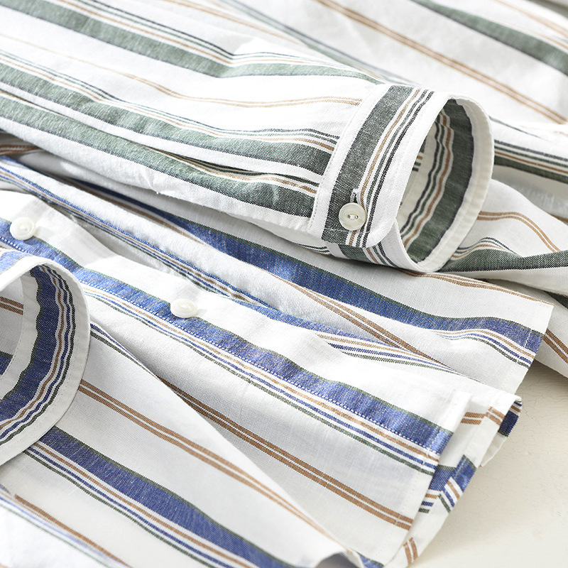 2838 Camicia da uomo in lino e cotone con maniche a 3/4, stile letterario e fresco, a righe, sottile e ampia, con scollo quadrato, pezzo unico, per la sostituzione dei capelli._voghion.com