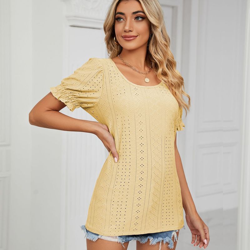 top da donna a manica corta con scollo a U e manica principessa cava in tinta unita_voghion.com