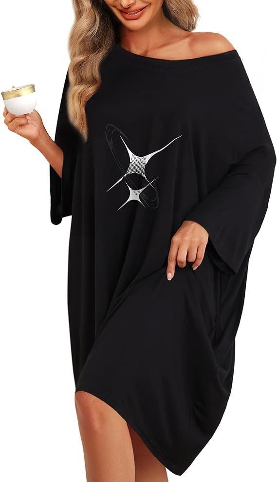 Conjunto de pijamas feminino plus size - camiseta de manga curta e vestido de dormir com bolsos, poliéster macio, roupa de dormir confortável para relaxar_voghion.com