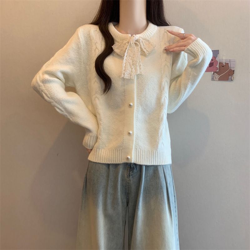 Maglione bianco con fiocco in pizzo 2025 per donna in autunno inverno, design delicato ed elegante, giacca cardigan in maglia sottile_voghion.com