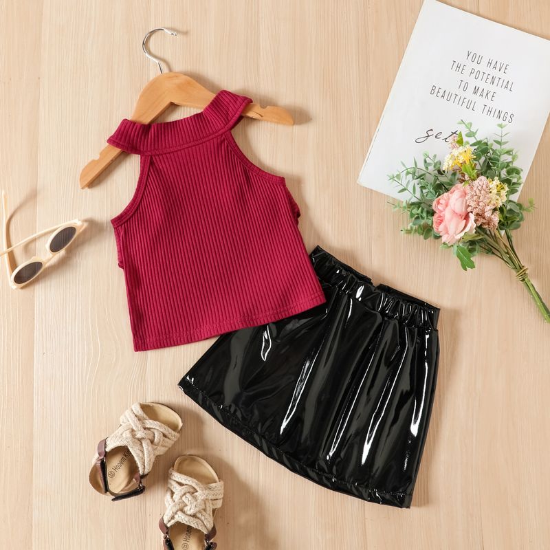 Sommer-Outfit-Set für Mädchen von Mutter und Kind – ärmelloses, einfarbiges Oberteil mit Rock aus PU-Leder für Kleinkinder und Kinder (Pink, Burgunderrot)_voghion.com