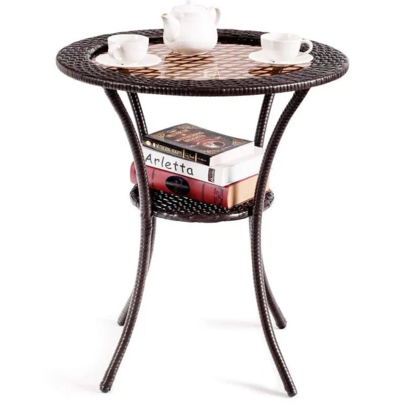 Round Lower Coffee Rattan Table With Shelf Wicker_voghion.com