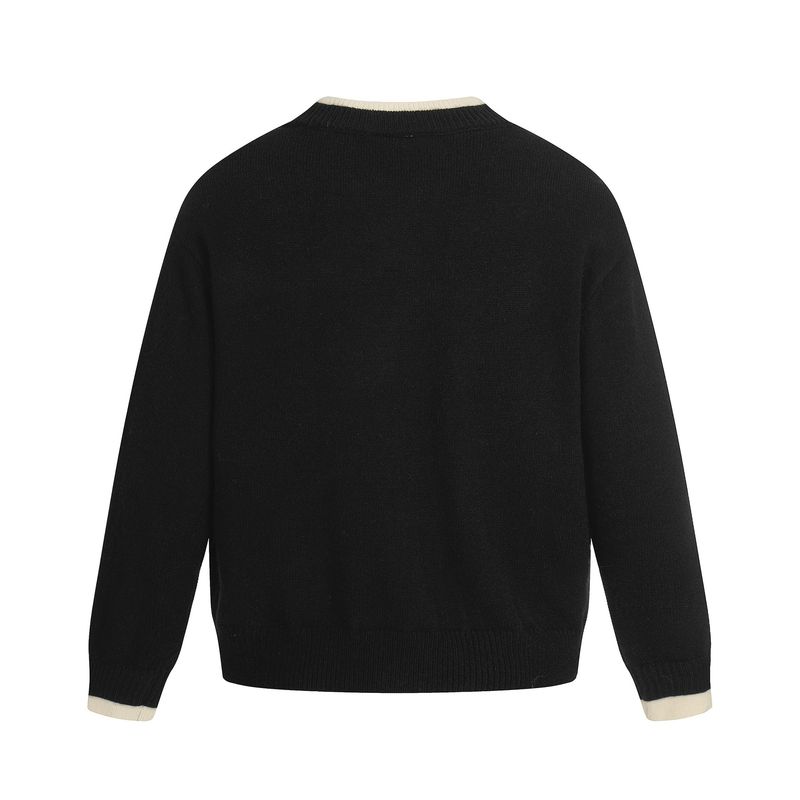 Pull patchwork brodé d'inspiration vintage – Pull ras du cou oversize, mélange acrylique doux, tricot rétro décontracté (noir, gris)_voghion.com