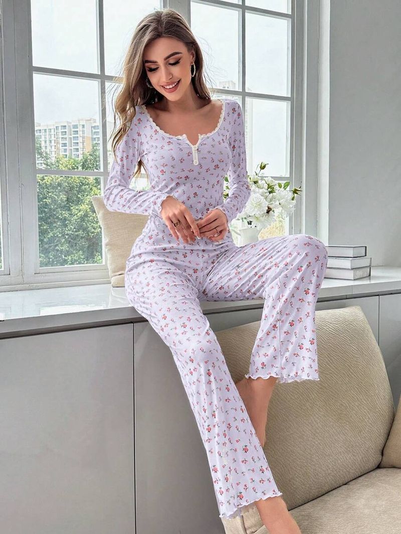 Ensemble de pyjama côtelé pour femme - Pyjama sexy à manches longues et col en V (2 pièces) pour toutes les saisons_voghion.com