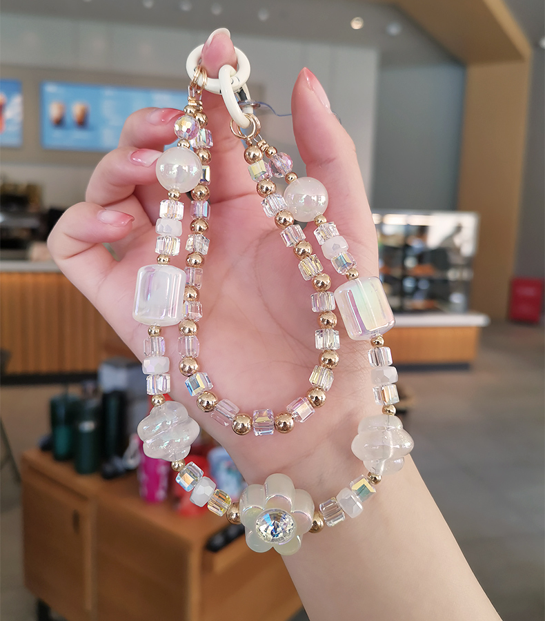 Mobile Phone Lanyard Short Handmad Wrist Bracelet Women's Clip Style Double Chain Crystal Beads Phone Case with Anti_voghion.com