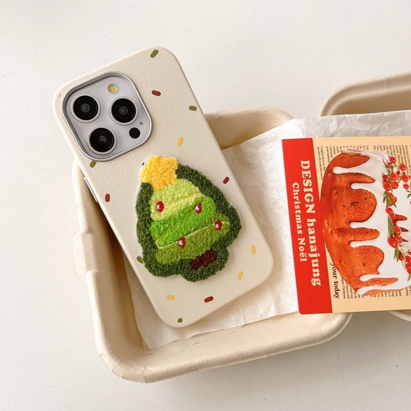 Leather Texture Embroidered Christmas Tree Case For IPhone 16 Pro Max, 15, 14, Autumn And Winter_voghion.com