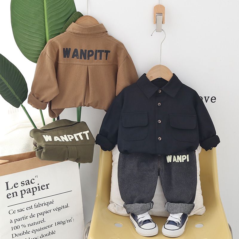 Abbigliamento per bambini primavera autunno 2025, edizione coreana, camicia casual a maniche lunghe, jeans, set da due pezzi, bello e_voghion.com