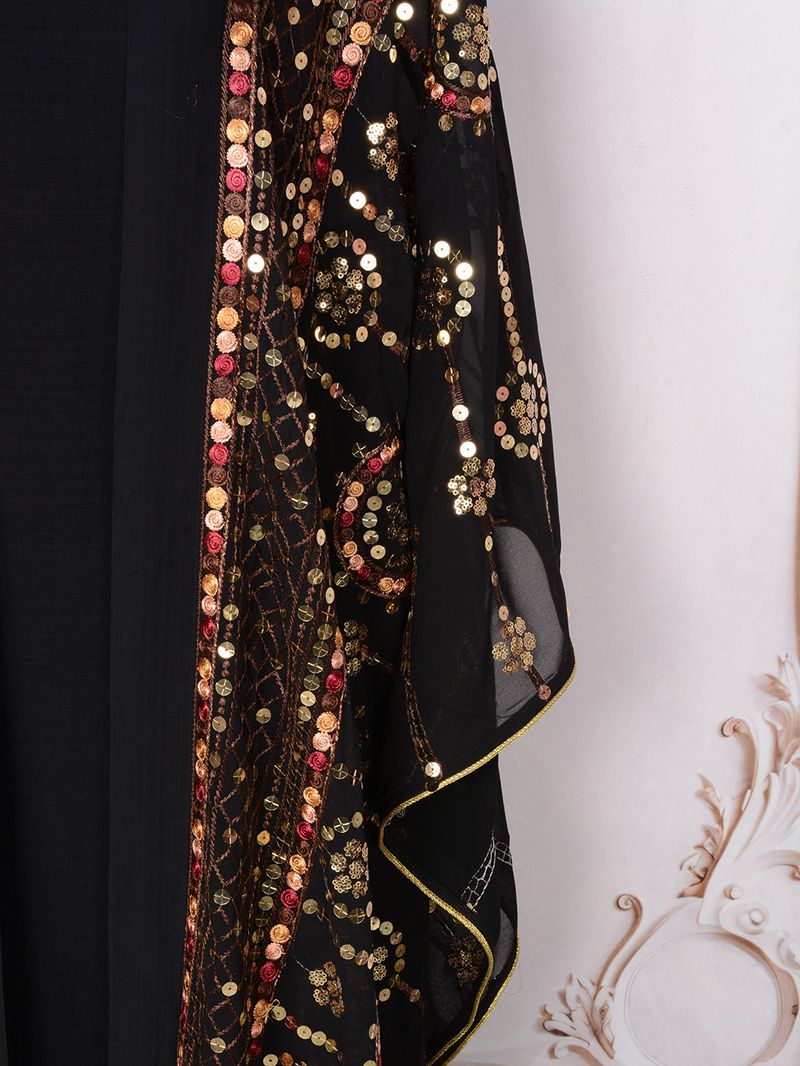 Elegantes, verziertes muslimisches Abaya-Kleid für Ramadan und Abendpartys – Hochwertiges Langarm-Maxikleid aus Polyester mit Glitzerdetails (Schwarz, S-XXL)_voghion.com