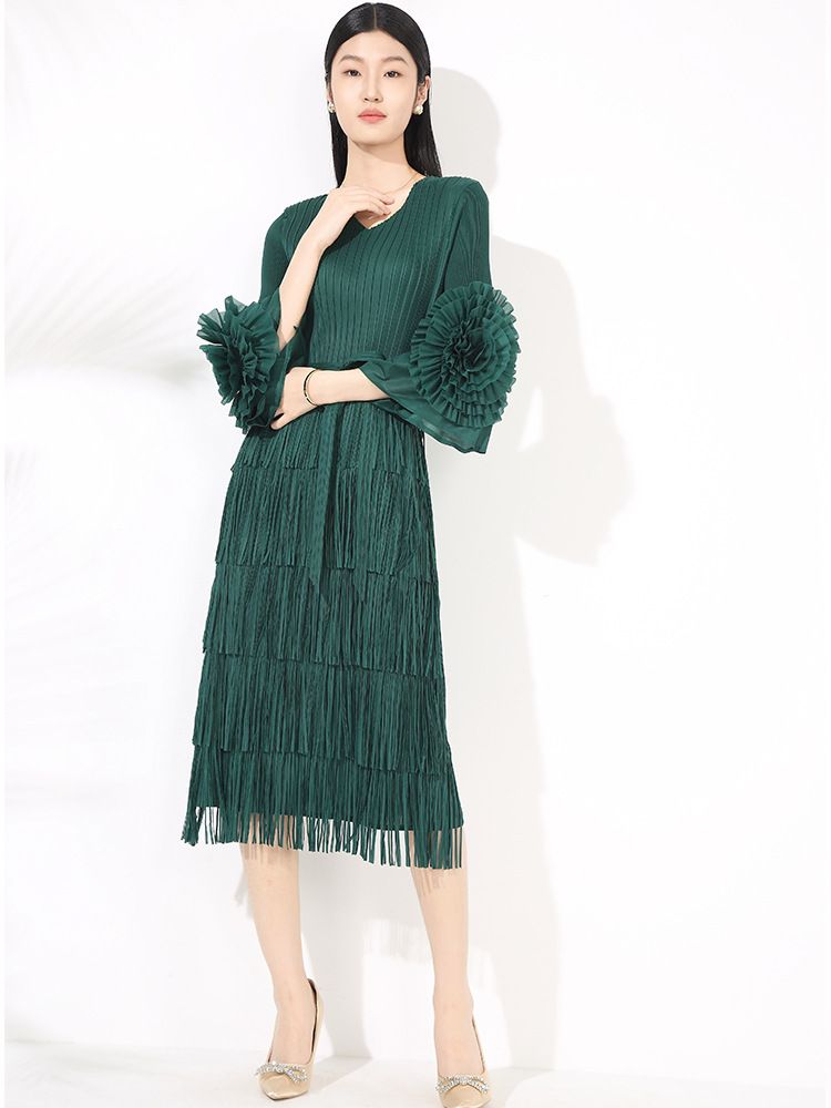 Verve Pleated Long Plus Size 2025 Spring Summer New Base High-end High Fashion Sense Ruffle Sleeve Tassel Midi Dress_voghion.com
