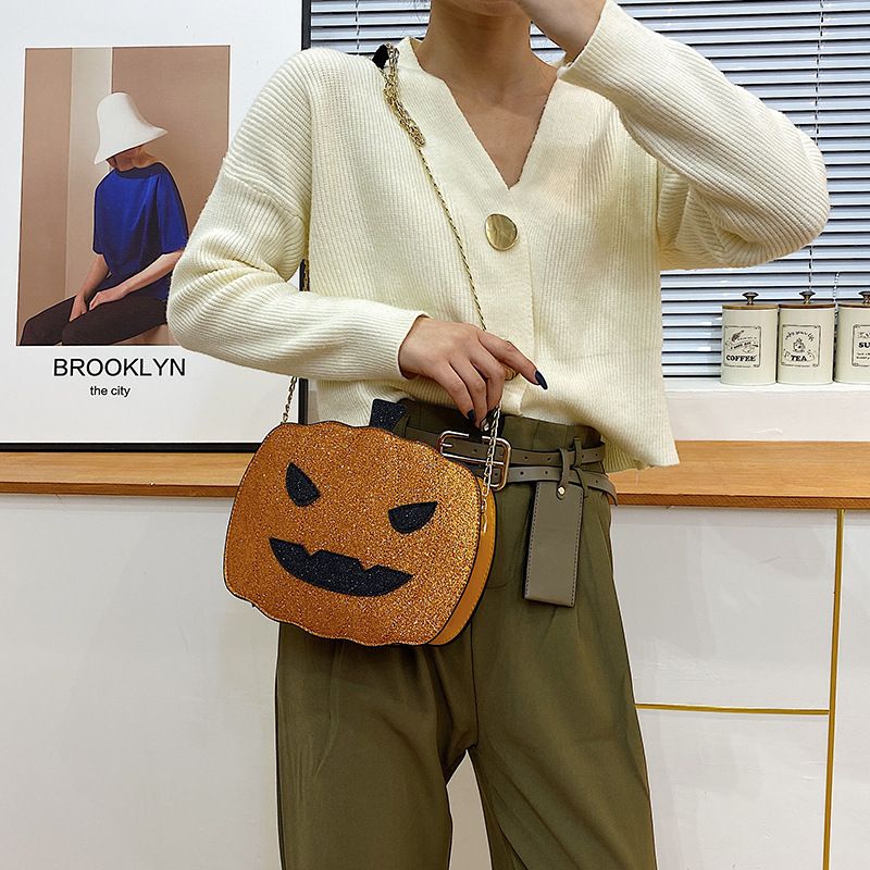Borsa a tracolla con zucca glitterata a tema Halloween per donna - Borsa a tracolla in PU riflettente retrò con tasche con cerniera, accessorio alla moda e divertente_voghion.com