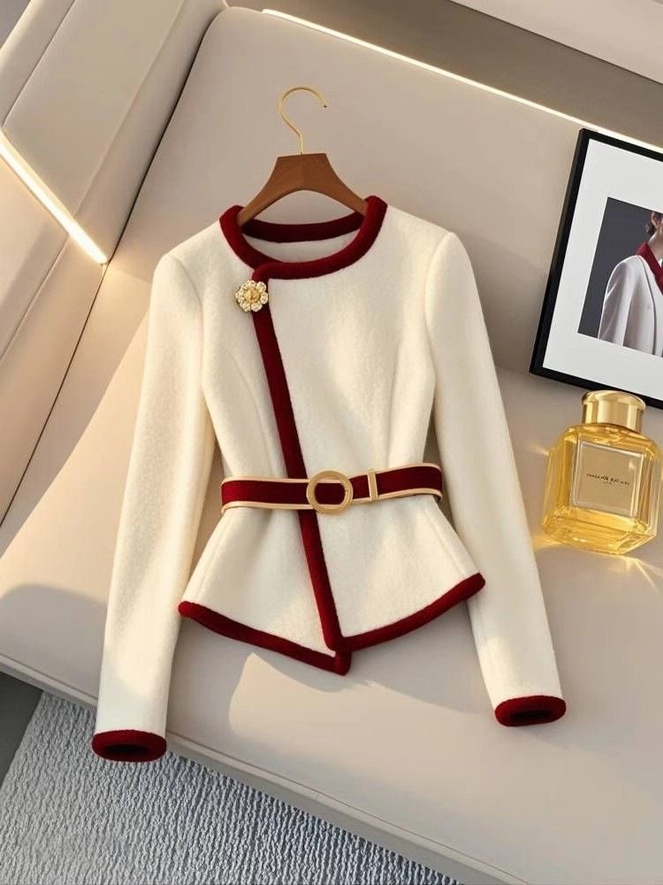 Chaqueta gruesa de estilo contrastante blanco para mujer, estilo de ropa de otoño, diseño irregular, cintura superior_voghion.com