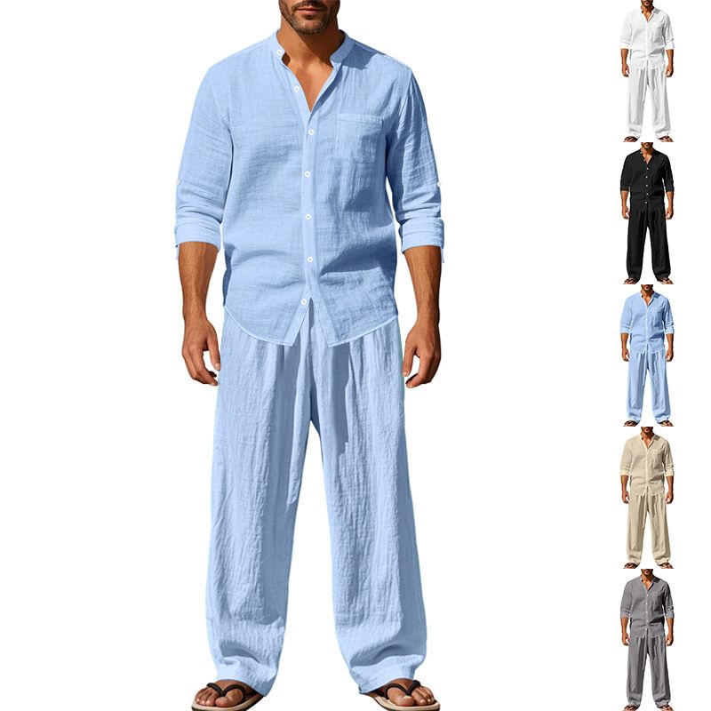 Camicia da spiaggia con pantaloni lunghi e maniche larghe e traspiranti in lino stile americano 2025 da uomo_voghion.com