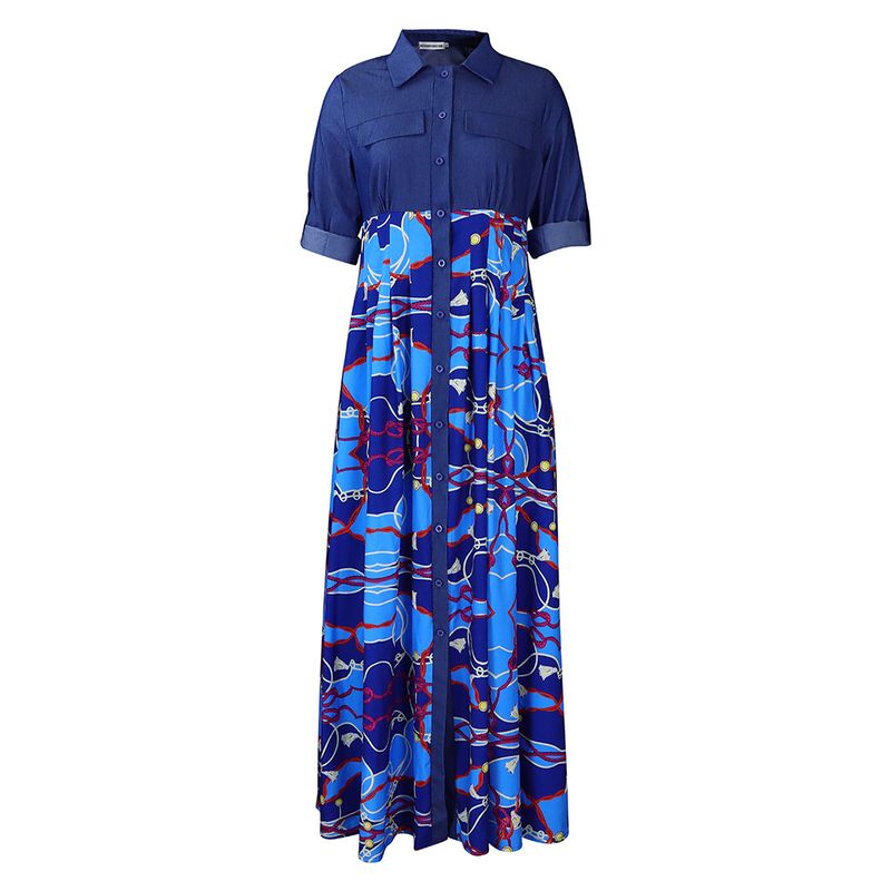 C8551 autumn and winter new large size women's fashion casual denim splicing printed long skirt big swing foreign trade dress_voghion.com