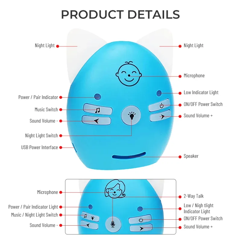 Monitor de bebé inalámbrico con audio bidireccional, walkie-talkie, alarma con luz nocturna, música, radio para niñera infantil._voghion.com