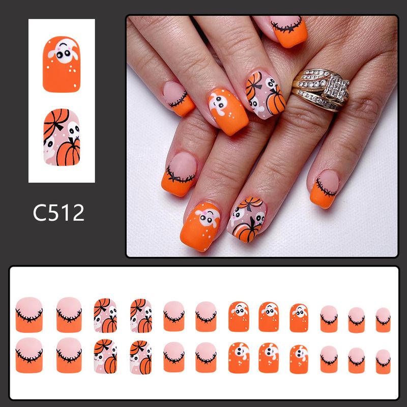 Short Square Armor Frosted Secluded Cute Pumpkin Ghost Halloween Element French Pumpkin Contrast Color False Nail 24 Pieces_voghion.com