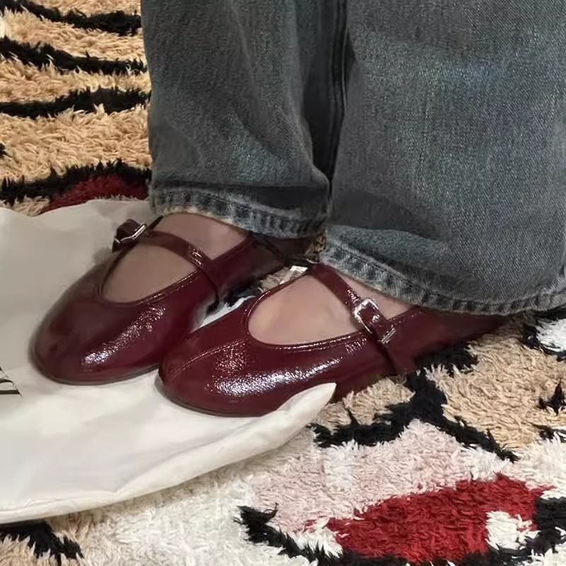 Schaffellversion ~ Za Mary Jane für Frauen, echtes Leder, ein Riemen, flache Öffnung, flache Schuhe, vielseitige kleine rote Arbeitsschuhe_voghion.com