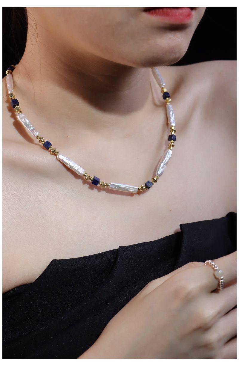 Natural Baroque Lapis Lazuli & Freshwater Pearl Beaded Necklace | Niche Design Light Luxury Clavicle Chain_voghion.com