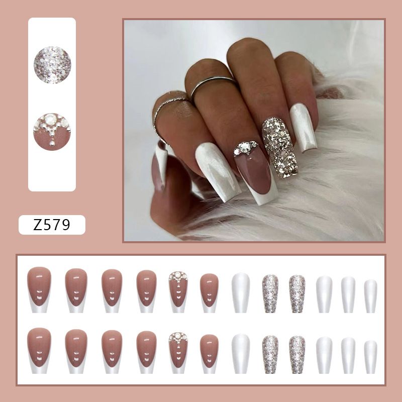 Nail Art & Tools Flash Pile Diamante Argento Perlato Francese Nobile Lusso Unghie di media lunghezza Unghie alla moda per le donne_voghion.com