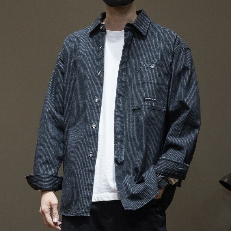 Gestreiftes Langarmhemd aus Denim, lockere und modische, vielseitige Hemdjacke für Herren_voghion.com