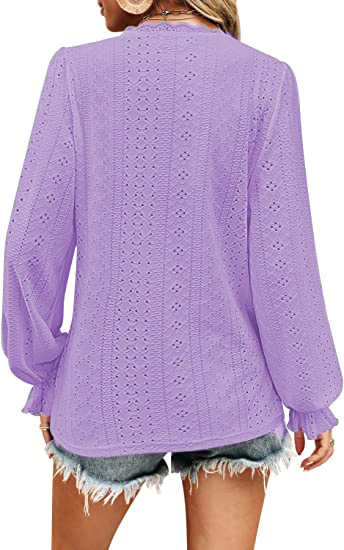 T-Shirt mit V-Ausschnitt, Herbst, hohl, lässig, mit plissierten Ärmeln_voghion.com