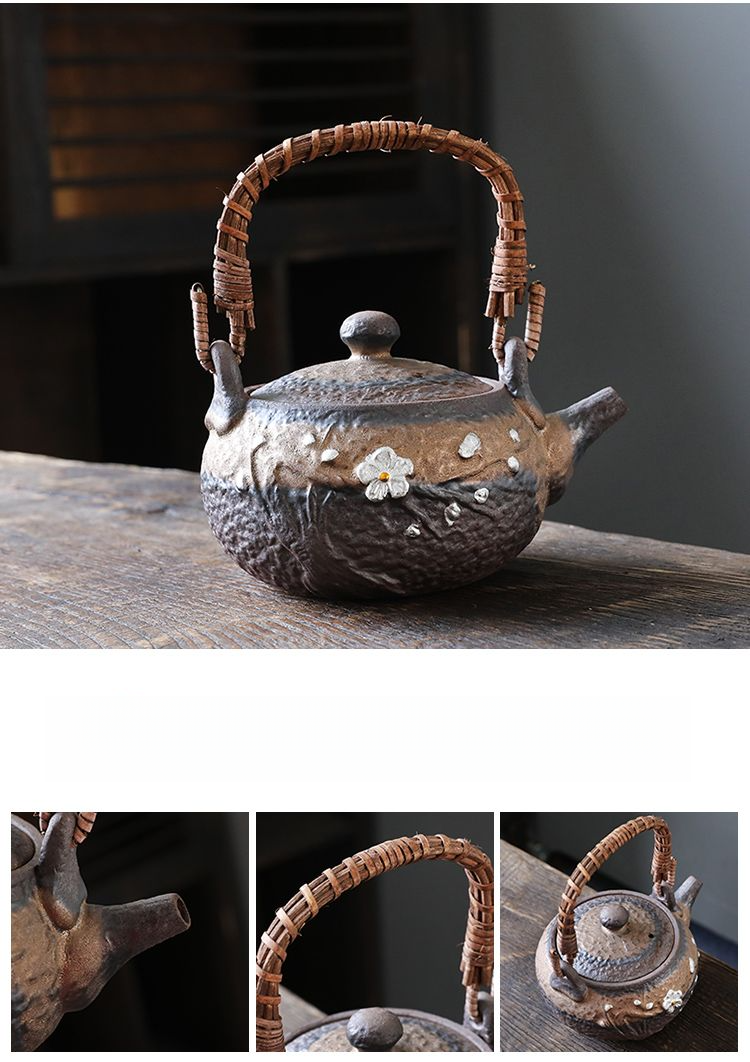 Ancient Japanese Style Coarse Pottery Plum Blossom Side Handle Fragrant Teapot Gold-Plated Iron Glaze Single Person_voghion.com
