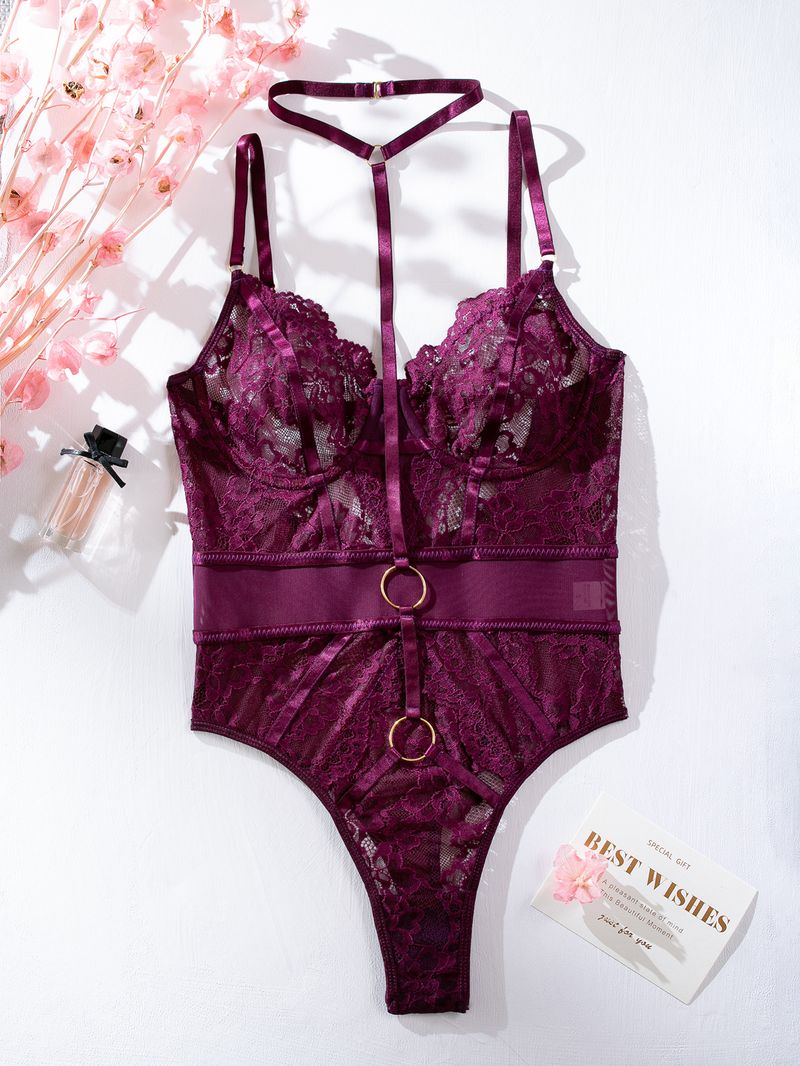 Damenbekleidung Außenhandel 2023 Neue sexy Dessous Sexy durchsichtiger, geraffter, schmaler Neckholder, rückenfreier Einteiler M2908_voghion.com