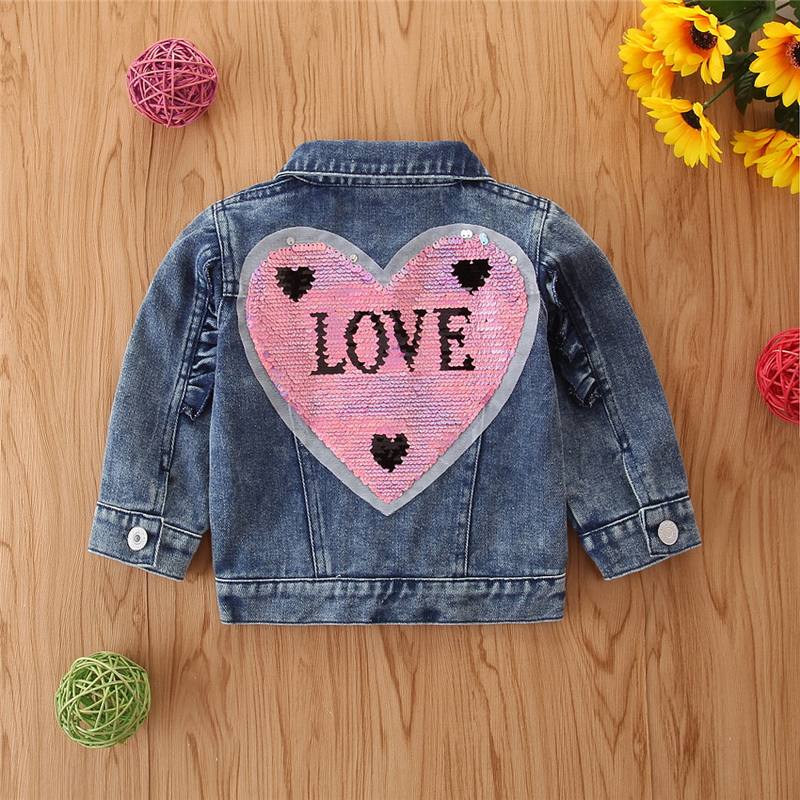 Giacca di jeans da ragazza Giacca autunnale con lettere d'amore con paillettes per bambini_voghion.com