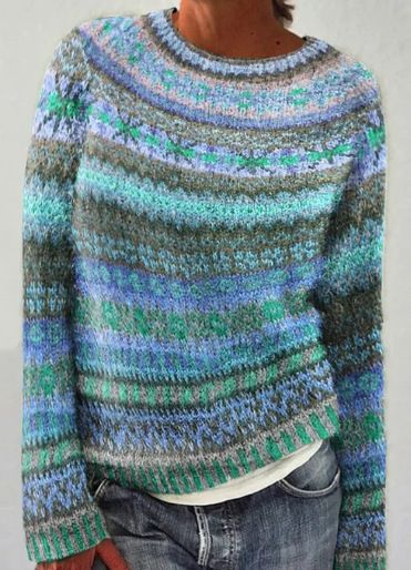 Women's Stylish 3D Jacquard Knit Sweater - Loose Fit Round Neck Pullover With Color Block Design, Comfortable Polyester Blend_voghion.com