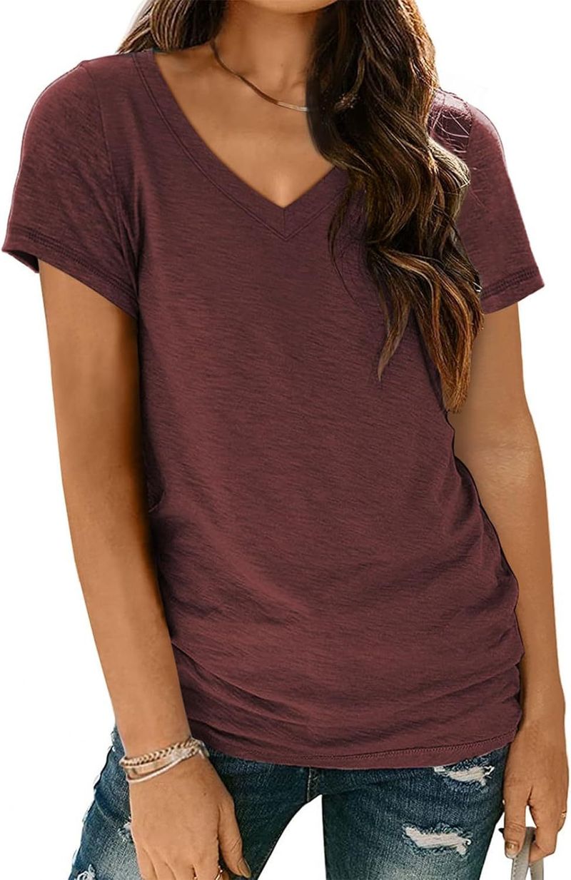 T-shirt à manches courtes et col en V pour femme_voghion.com