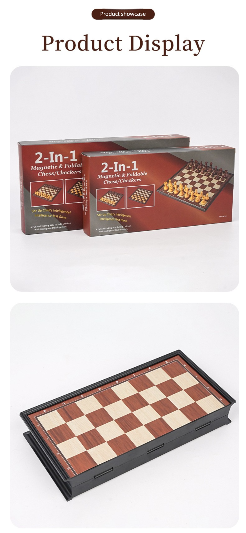 2-in-1 Magnetisches Schach- und Damespiel, faltbares Schachbrett aus Kunststoff mit Holzmaserung_voghion.com