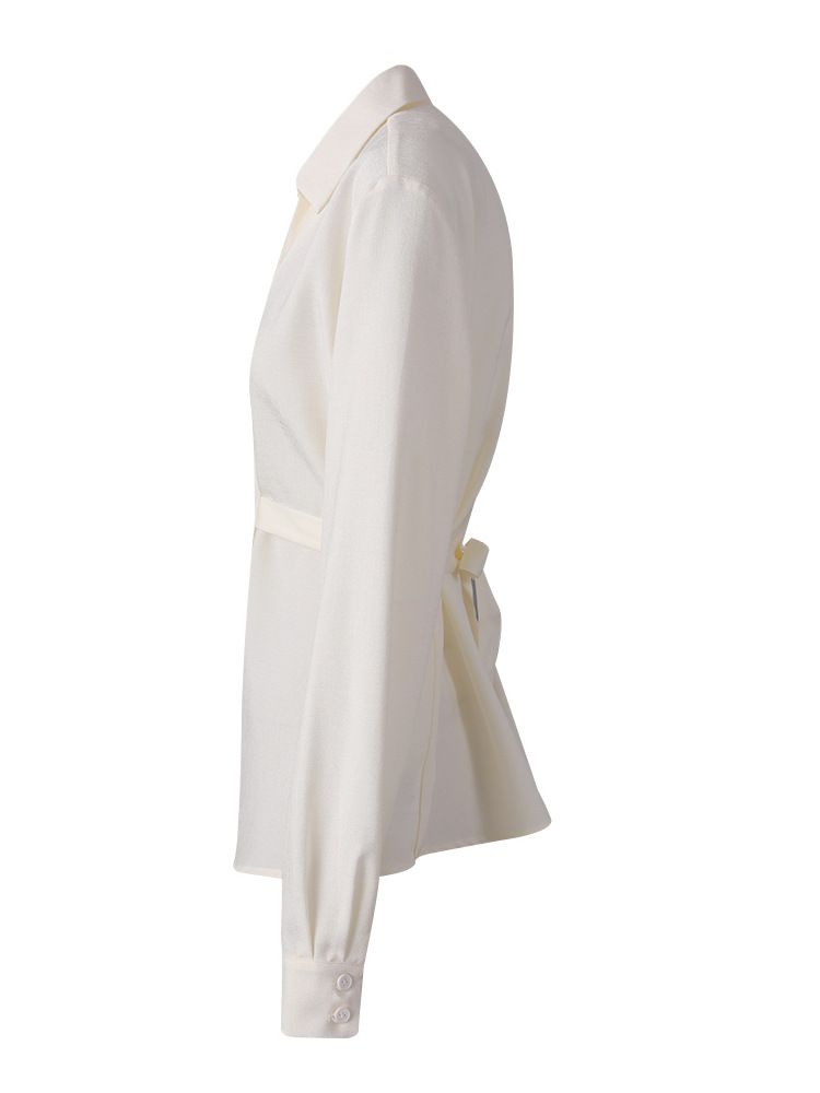 Französisch inspirierte Wickelbluse – Langarmshirt mit V-Ausschnitt und Gürtel (S-L, knitterfreie Poly-Baumwollmischung)_voghion.com