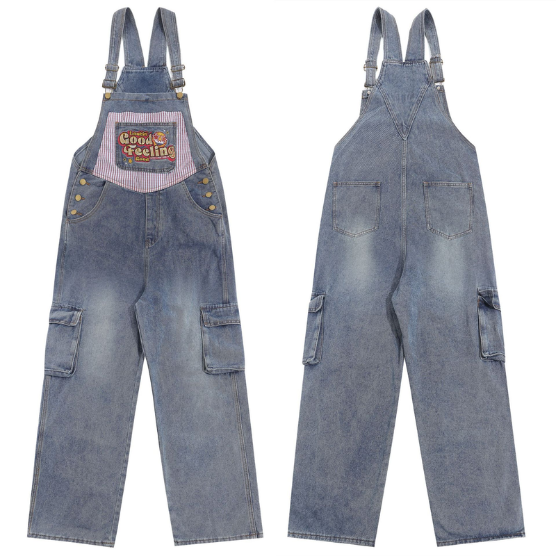 Abbigliamento da uomo Bretelle in denim con tasca cargo a righe patchwork con ricamo vintage per uomo e donna_voghion.com