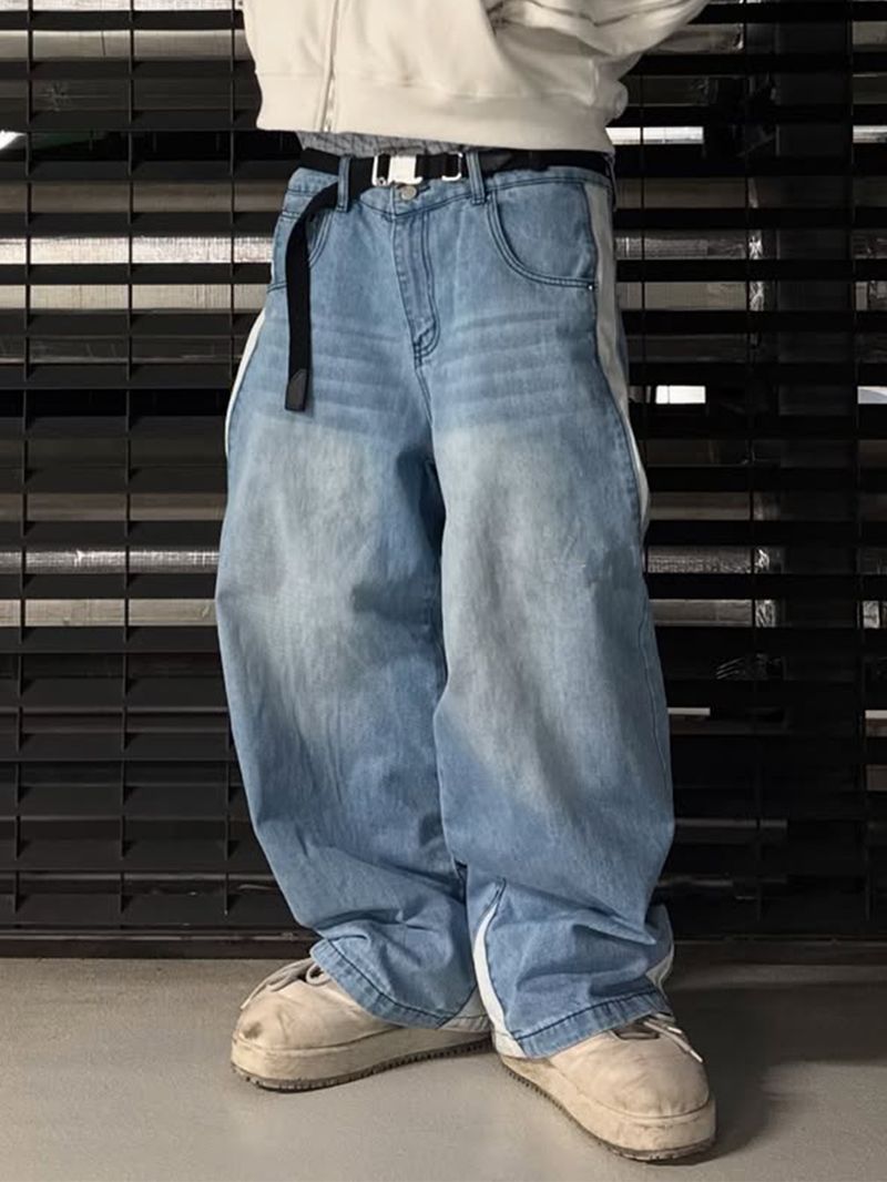 Men's Clothing New Style Splicing Spring And Summer Trend High Street Retro Washed Distressed Light Blue Slim Wide Leg Denim Men's Pants_voghion.com