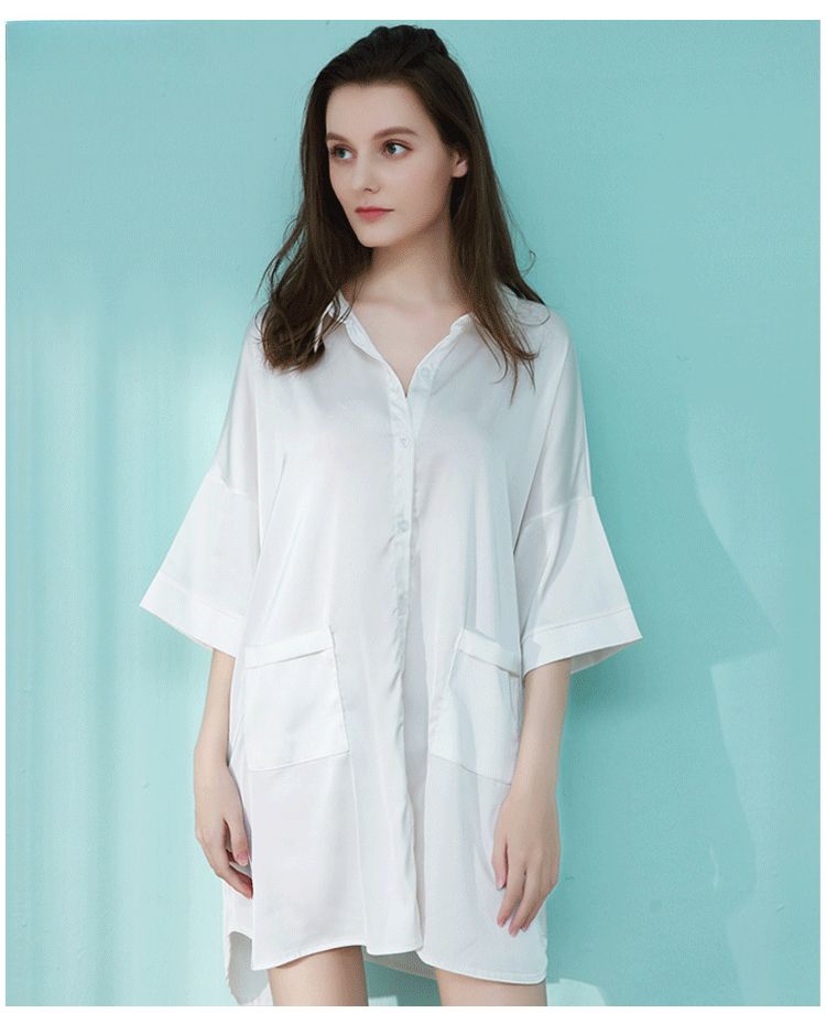 Chemise de nuit blanche sexy et fine en soie glacée, style boyfriend, longue et décontractée, mais charmante_voghion.com