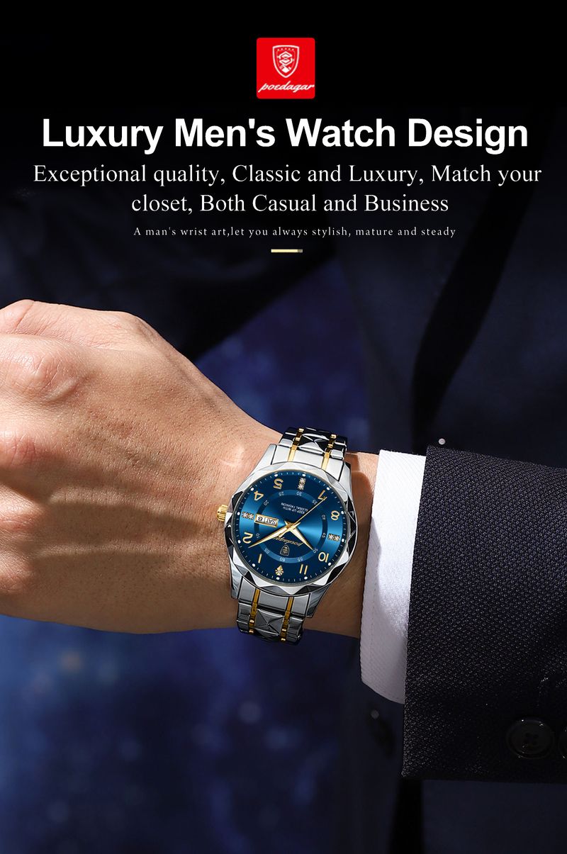 Herr Kvartsklocka Vattentät Date Week Luminous Armbandsur Rostfritt stål Herrklockor Sport Herrklocka_voghion.com