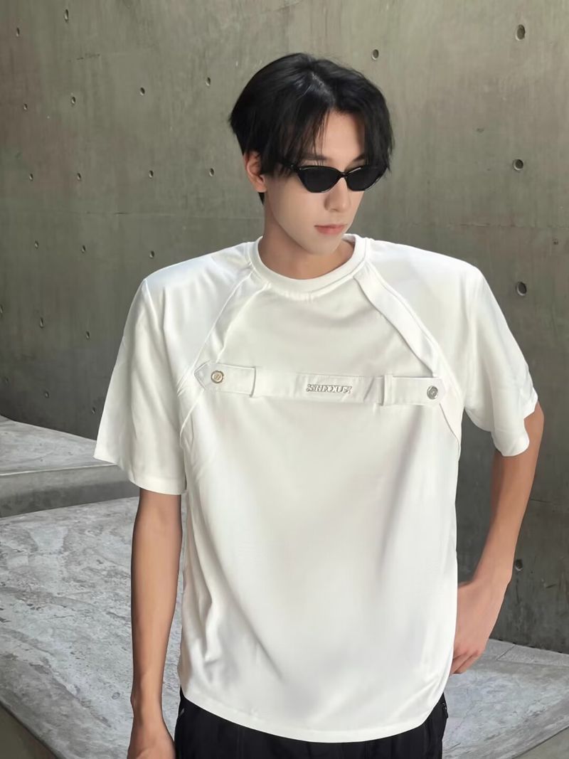 Maglietta a maniche corte con cerniera in metallo e piccola nicchia, da uomo, con scollo tondo, spalline larghe, semplice, a mezza manica, tendenza_voghion.com