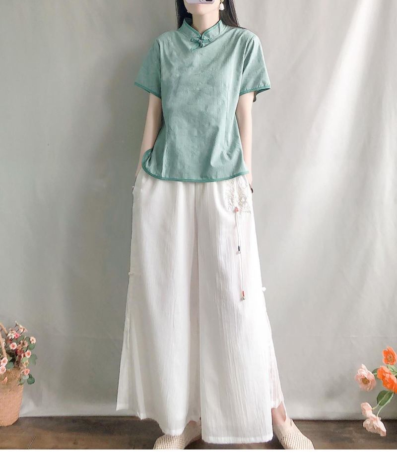 Colleziona camicie artistiche in cotone e lino jacquard, colletto rialzato in stile Zen cinese, abbottonatura, top, maniche corte estive_voghion.com