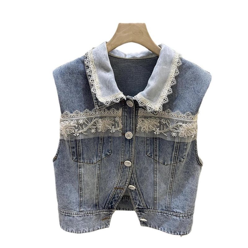 Spitzen-Patchwork-Denim für Damen im neuen Frühlingsstil, modisches Design, lässige Weste, Schultergurt_voghion.com