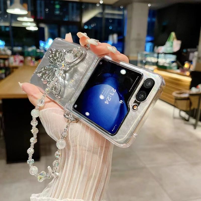 For Samsung Galaxy Z Flip 3 4 5 5G Flip4 Cute Laser Butterfly Stand Holder Pearl Wrist Chain Strap Phone Case Cover_voghion.com