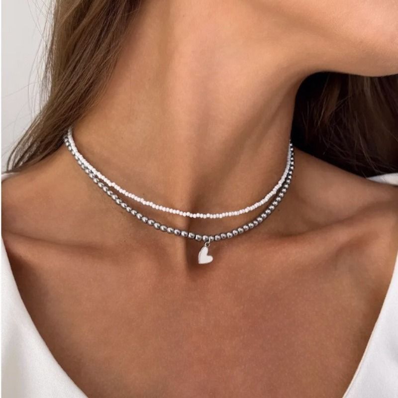 Boho Heart-Shaped Beaded Necklace For Women Choker Y2k Bead Clavicle Chain Jewellery Glass Multilayer Multiayer Charm Gifts_voghion.com