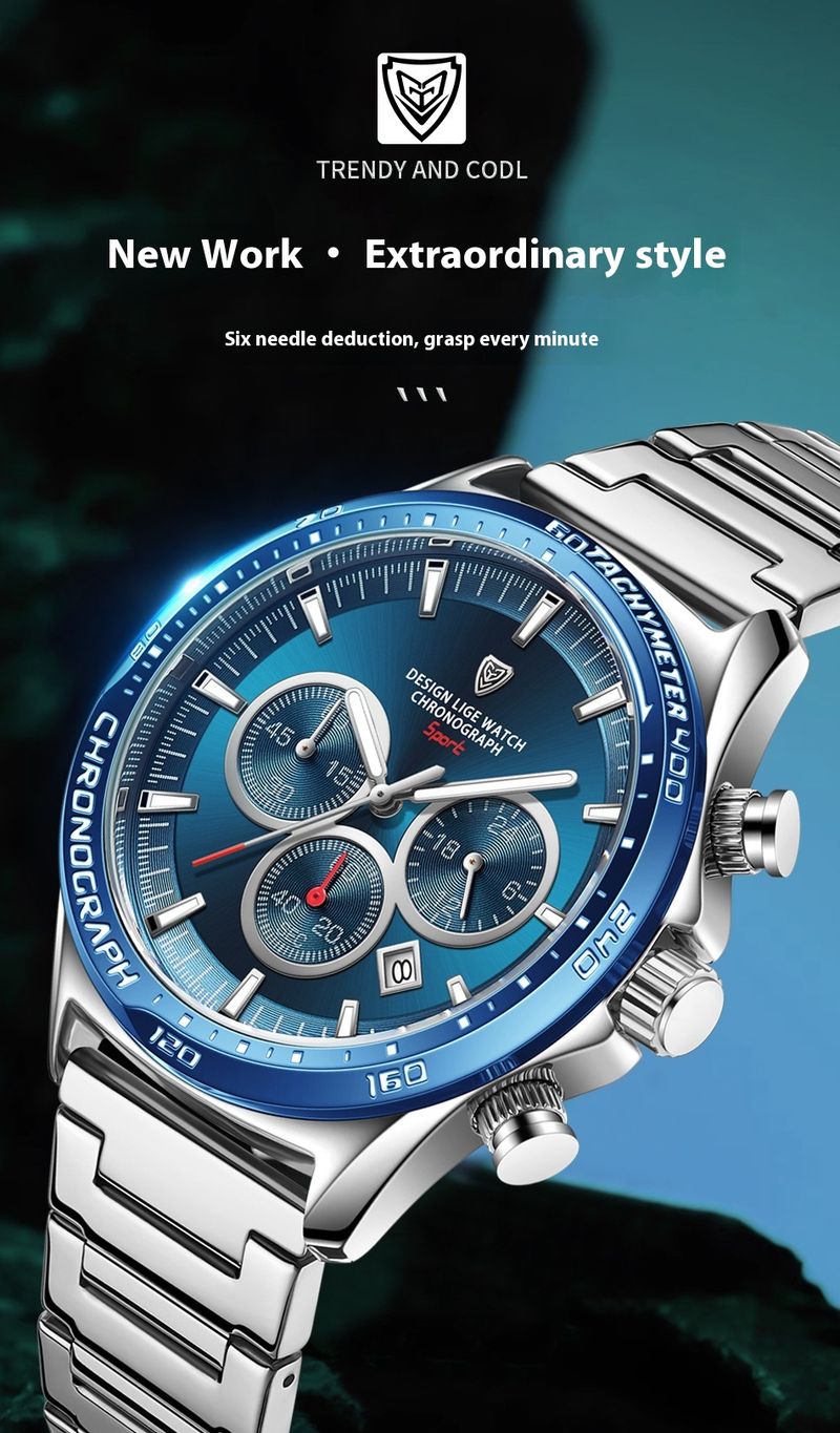 Business Machinery Men's High-end Multifunctional Large Dial Three Eye Six Pin Steel Strip Quartz Watch_voghion.com